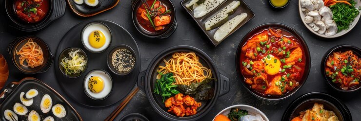 Una colorida variedad de platos tradicionales coreanos dispuestos en cuencos en una superficie rústica que muestra una variedad de ingredientes vibrantes