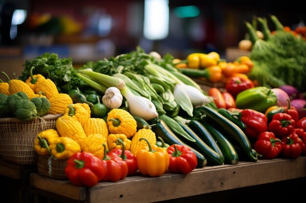 Foto una colorida variedad de verduras frescas y maduras adornan el puesto del mercado