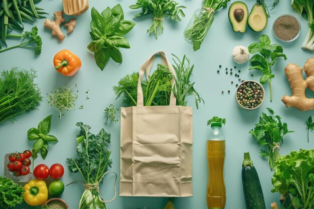 Foto una colorida variedad de verduras y frutas maduras se derrama de una bolsa de comestibles mostrando una cosecha de frescura y bondad natural