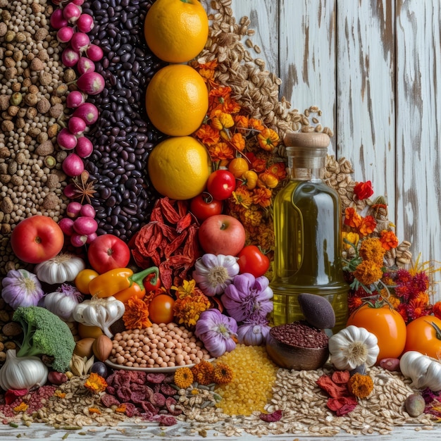 Una colorida variedad de verduras y granos frescos