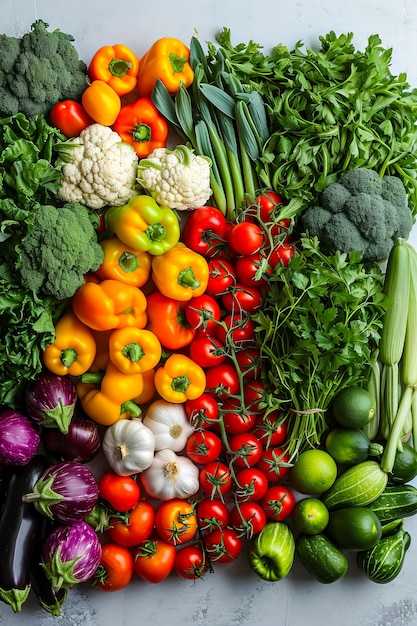 Una colorida variedad de verduras, incluidos pimientos y brócoli, se exhiben en la mesa