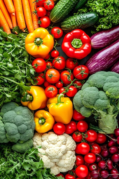 Una colorida variedad de verduras, incluidos pimientos y brócoli, se exhiben en la mesa