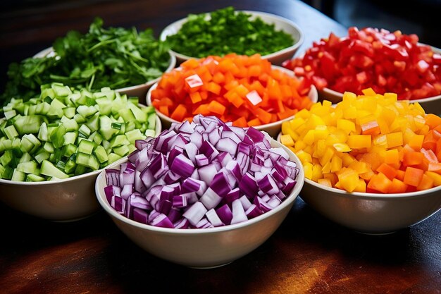 Foto una colorida variedad de verduras recién cortadas para hacer salsa