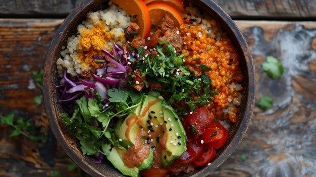 Colorida Vegan Buddha Bowl com alimentos frescos Ingredientes Hábitos alimentares saudáveis