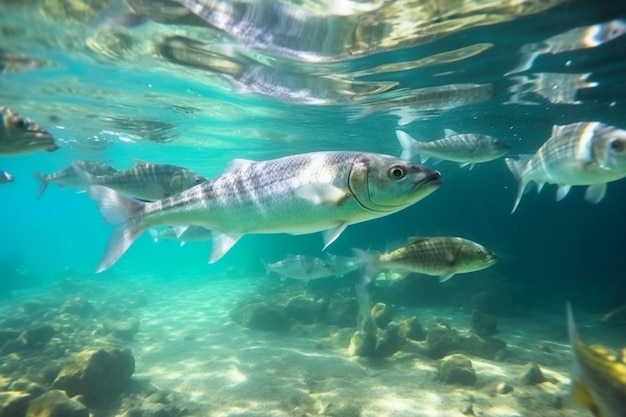 Foto colorida vida marina nada peces lubina bajo el agua