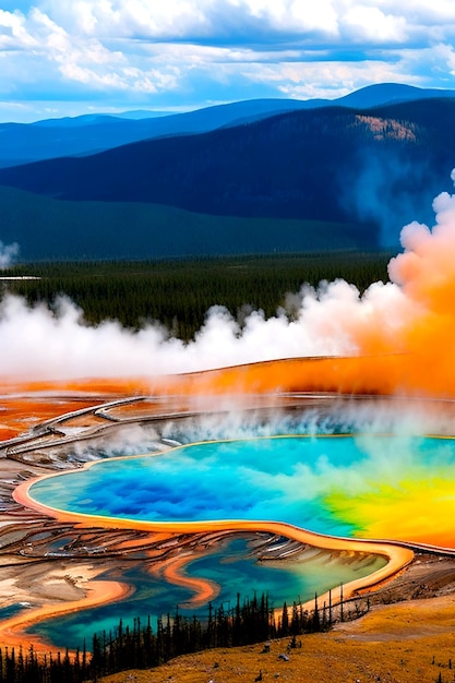 Coloridas aguas termales del Parque Nacional Yellowstone, Wyoming, EE.UU. Aigenerated