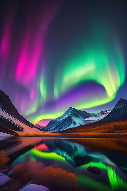 Coloridas auroras boreales auroras boreales transmitiendo colores sobre el paisaje invernal