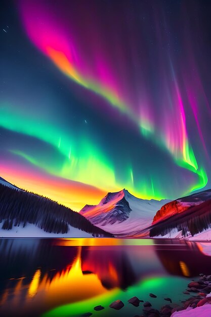 Coloridas auroras boreales auroras boreales transmitiendo colores sobre el paisaje invernal
