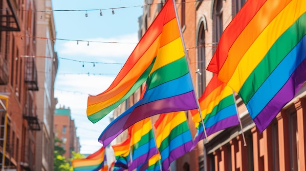 Coloridas banderas del orgullo LGBTQ ondeando en el viento iluminando una calle de la ciudad durante el mes del Orgullo