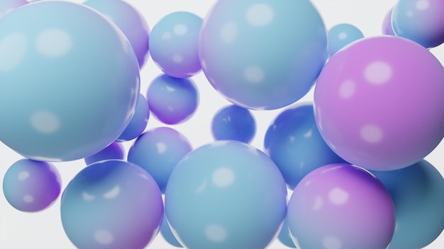 Coloridas bolas azules y moradas flotando con fondo blanco.