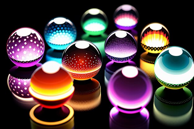 Coloridas bolas de cristal brillan a través de la luz emitiendo hermosos y coloridos efectos de luces y sombras.