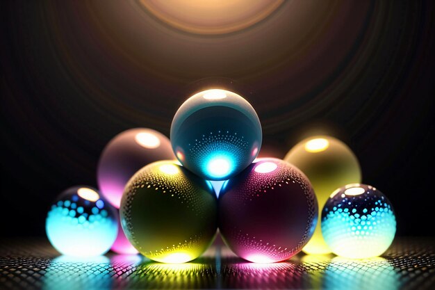 Coloridas bolas de cristal brillan a través de la luz emitiendo hermosos y coloridos efectos de luces y sombras.