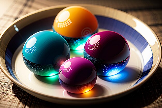 Coloridas bolas de cristal brillan a través de la luz emitiendo hermosos y coloridos efectos de luces y sombras.