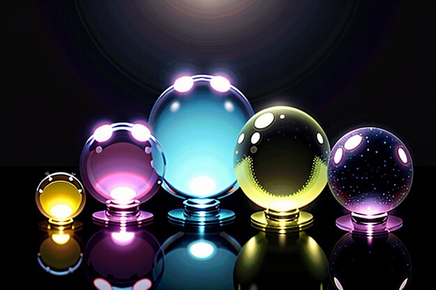 Foto coloridas bolas de cristal brillan a través de la luz emitiendo hermosos y coloridos efectos de luces y sombras.