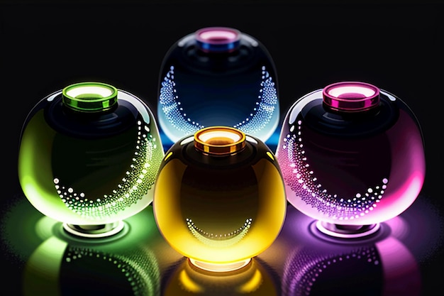 Foto coloridas bolas de cristal brillan a través de la luz emitiendo hermosos y coloridos efectos de luces y sombras.