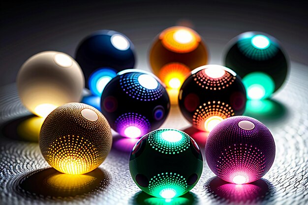 Coloridas bolas de cristal brillan a través de la luz emitiendo hermosos y coloridos efectos de luces y sombras.