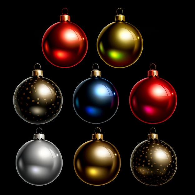 Coloridas bolas de juguete de Navidad para el árbol de Navidad y año nuevo rojo verde azul oro beige plata sobre fondo negro Decoración de Navidad Elementos de diseño