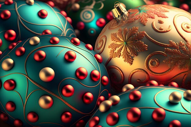 Foto coloridas bolas navideñas cierran el arte generado por la red neuronal de fondo de fotograma completo