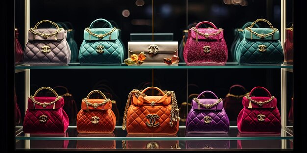 coloridas bolsas de Chanel de seda en exhibición en una ventana de una tienda en el estilo de magenta oscura y luz