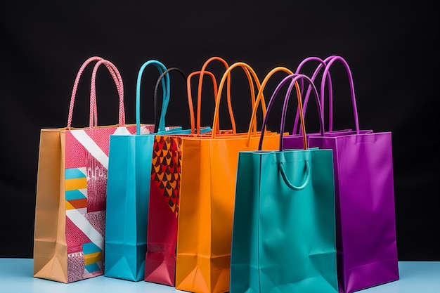 Coloridas bolsas de compras resaltan en el marcado contraste de un fondo negro