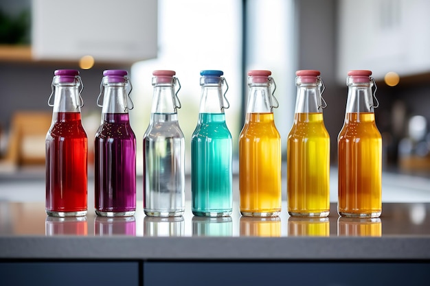 Coloridas botellas de jugo en un mostrador de picazón brillante