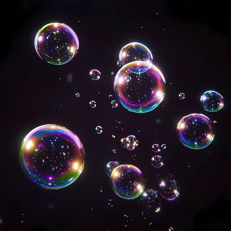 Las coloridas burbujas de jabón bailan en el aire contra un fondo oscuro