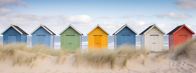 Foto las coloridas cabañas de la playa alineadas contra un telón de fondo de dunas