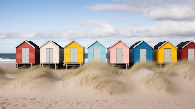 Foto las coloridas cabañas de la playa alineadas contra un telón de fondo de dunas