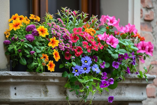 Las coloridas cajas de balcón las flores generan Ai