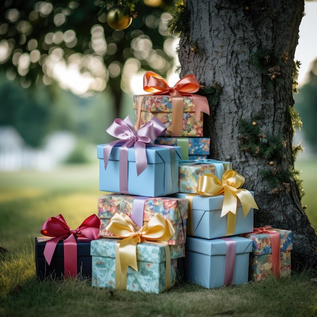 Foto coloridas cajas de regalo y cintas apiladas debajo de un árbol