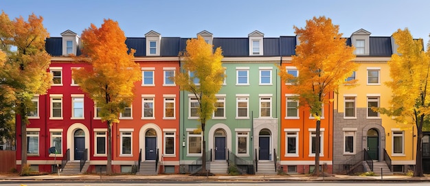 coloridas casas adosadas de varios pisos en otoño al estilo de rojo claro y gris