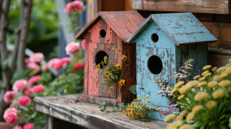 Las coloridas casas de pájaros con un fondo floral crean una escena de jardín encantadora y vibrante