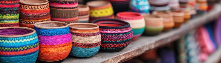 Las coloridas cestas tejidas expuestas en estanterías de madera que muestran patrones y texturas vibrantes Estos artículos artesanales reflejan el arte y la artesanía culturales