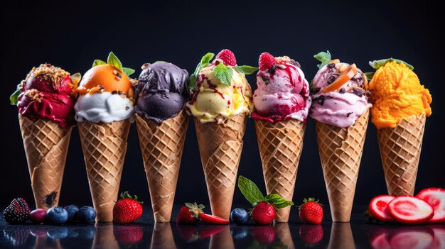 Foto coloridas cucharadas de helado en conos de waffle con bayas y menta sobre fondo negro