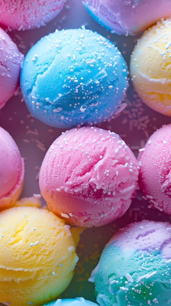 Coloridas cucharadas de helado con salpicaduras en el fondo