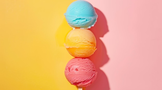 Coloridas cucharas de helado en fondo amarillo y rosado