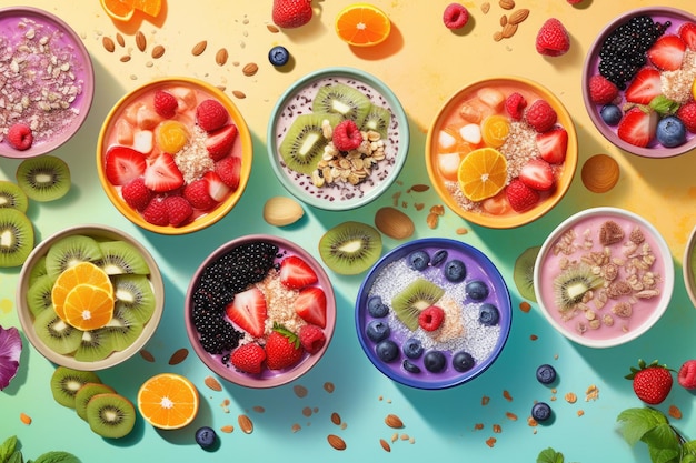 Coloridas e nutritivas tigelas de smoothie com frutas frescas e nozes para o pequeno-almoço