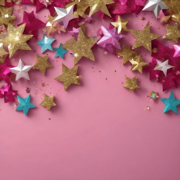 Coloridas estrellas brillantes decoración Feliz Navidad Feliz año nuevo aislado en fondo rosa