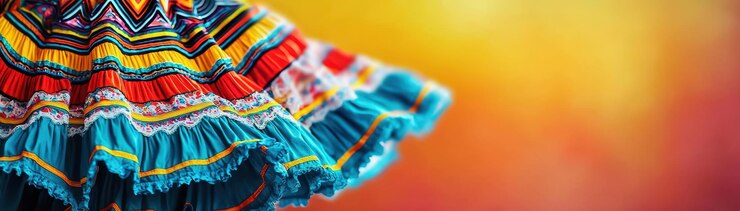 Las coloridas faldas de las bailarinas populares que giran en tonos vibrantes crean una atmósfera animada y festiva. Los intrincados patrones y los colores brillantes evocan una sensación de alegría y celebración.