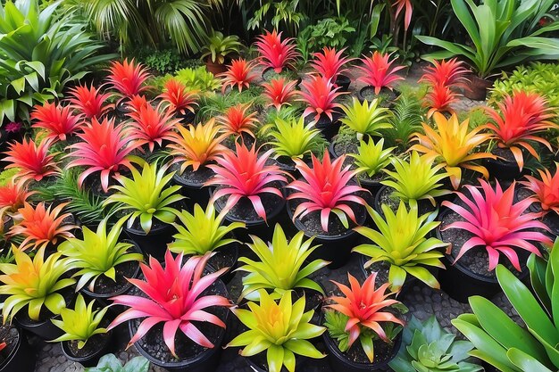 Las coloridas flores de bromelias decoran el jardín con plantas de vivero de fondo