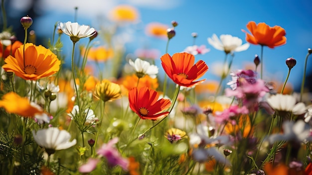 Coloridas flores del cosmos en el prado con fondo de cielo azul