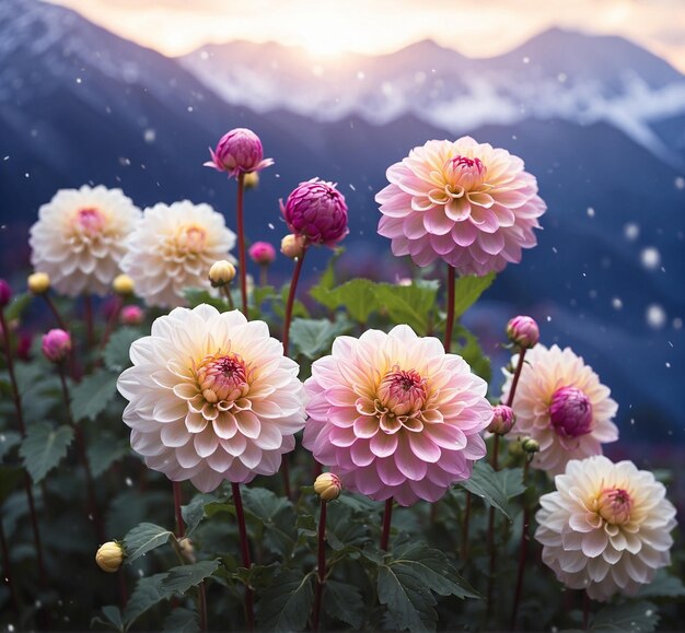 Coloridas flores de dahlia en el jardín con un fondo de montaña