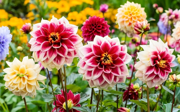 Las coloridas flores de dahlia en el jardín