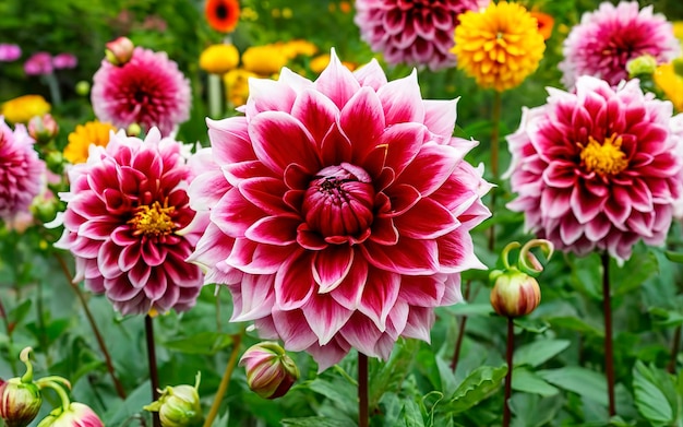 Las coloridas flores de dahlia en el jardín