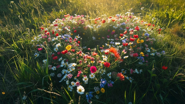 Foto las coloridas flores delicadas forman una forma de corazón en un prado de verano vista de arriba