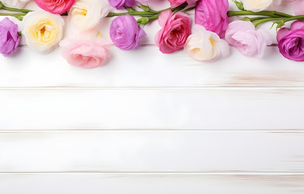 Coloridas flores de Eustoma sobre una mesa de madera blanca con una luz suave.