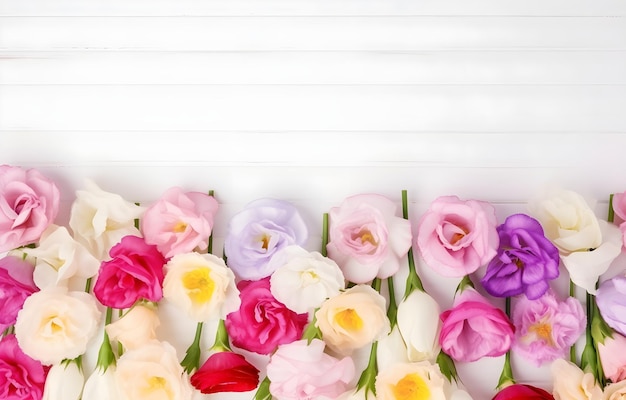 Coloridas flores de Eustoma sobre una mesa de madera blanca con una luz suave.