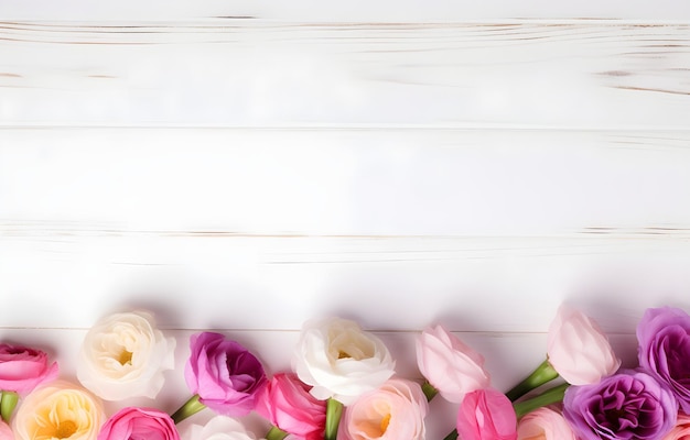 Coloridas flores de Eustoma sobre una mesa de madera blanca con una luz suave.