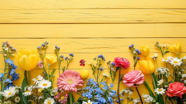 Foto coloridas flores frescas de primavera sobre fondo de madera amarillo espacio de copia