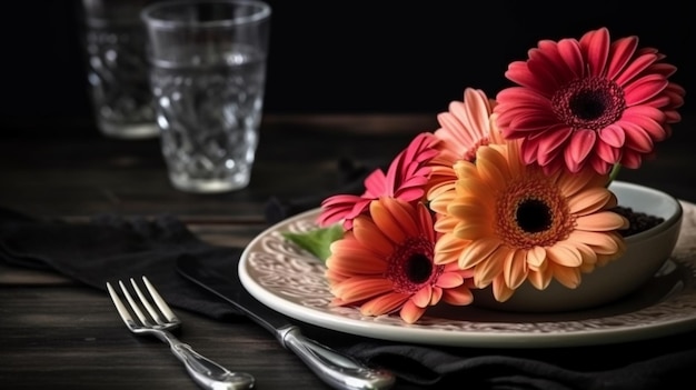 Foto coloridas flores de gerbera en un plato negro con cuchillería generativa ai